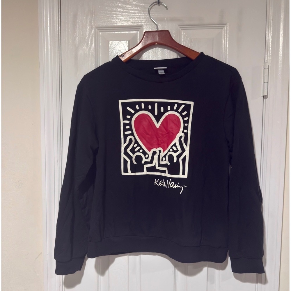 Keith Haring Heart Graphic Sweatshirt Women's Medium Black Pop Art Crewneck